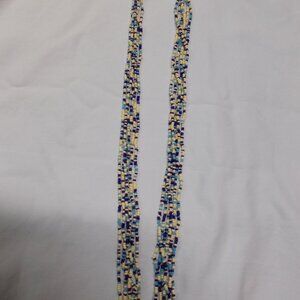 Vintage seed bead six strands necklace, blue and ivory 11" long